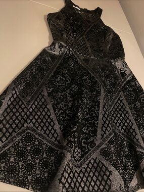 Maurices Black and Silver Patterned Fit-and-Flare Dress L64